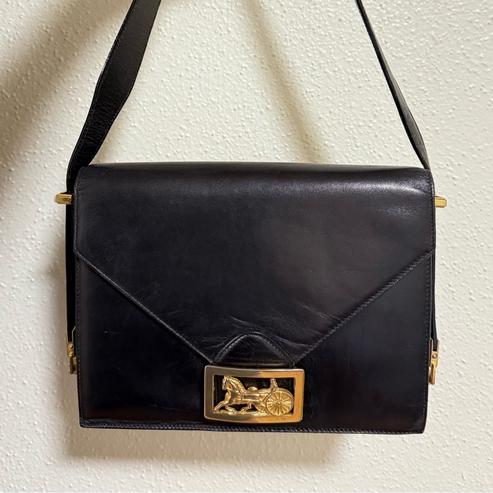 Celine Vintage - Dark Blue Shoulder Bag with Classic Horse Carriage